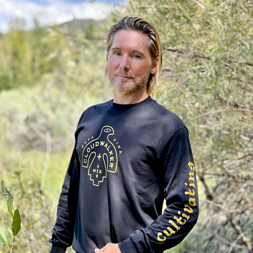 CloudWalker Farm 100% Cotton Long Sleeve T-Shirt "Cultivating Curiousity". Made in the USA. Model: CloudWalker Partner, Bradley Wade.